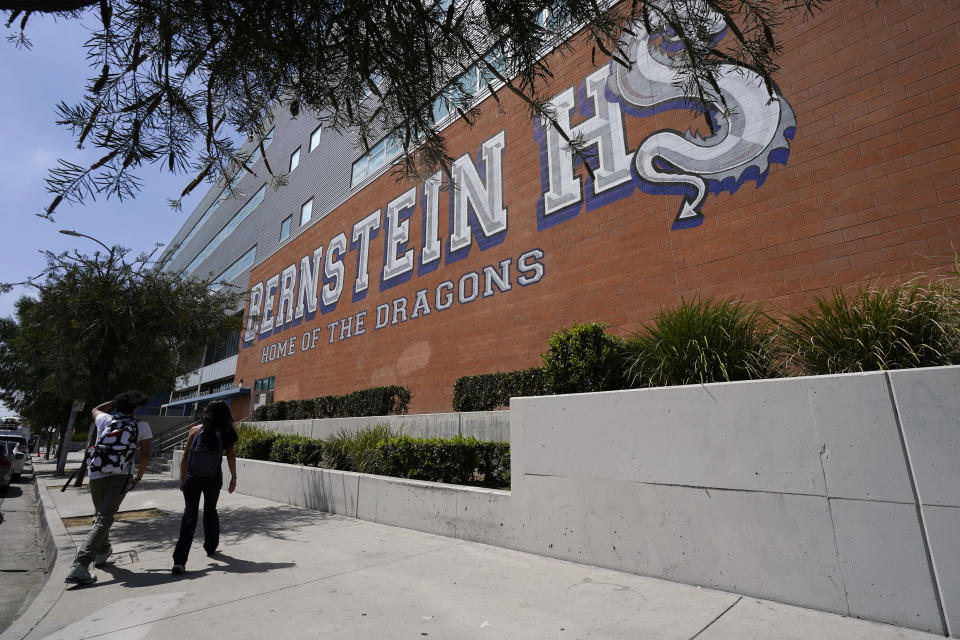 An exterior view of Bernstein High School, Wednesday, Sept. 14, 2022, in the Hollywood section of Los Angeles. A teenage girl died of an apparent overdose at the high school. On Wednesday, police were investigating three other possible fentanyl overdoses in the area, authorities said. (AP Photo/Marcio Jose Sanchez)