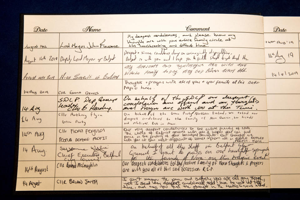 Messages written in the book of condolence at Belfast City Hall to the family of Nora Quoirin, whose body was discovered more than a week after she went missing in Malaysia.