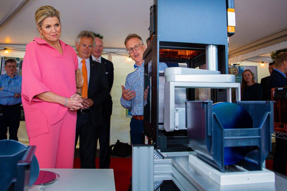 Queen Maxima of the Netherlands in a geometric-print Tory Burch pink dress - getty