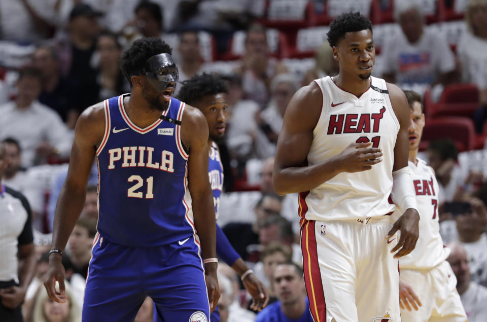 Joel Embiid, never one to miss a social media opportunity, piled on Hassan Whiteside after Pat Riley called him out to the media. (AP)