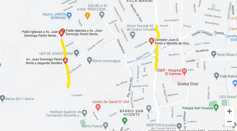Las calles paralelas que llevan el nombre Perón.