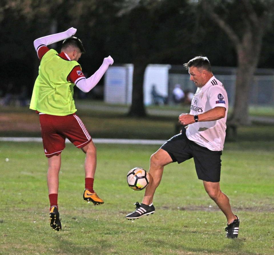 Former Miami Dolphins linebacker Zach Thomas plays a pick-up game of soccer in Davie, Florida, Tuesday, January, 21, 2020. Thomas will be considered to be inducted into the NFL Hall of Fame for 2020.