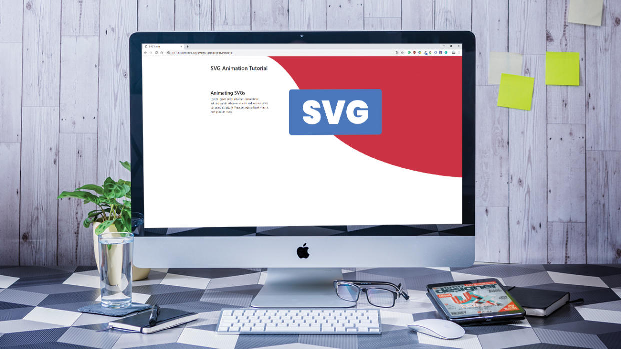  Web Designer open on a Mac. The text reads 'SVG animation tutorial' 