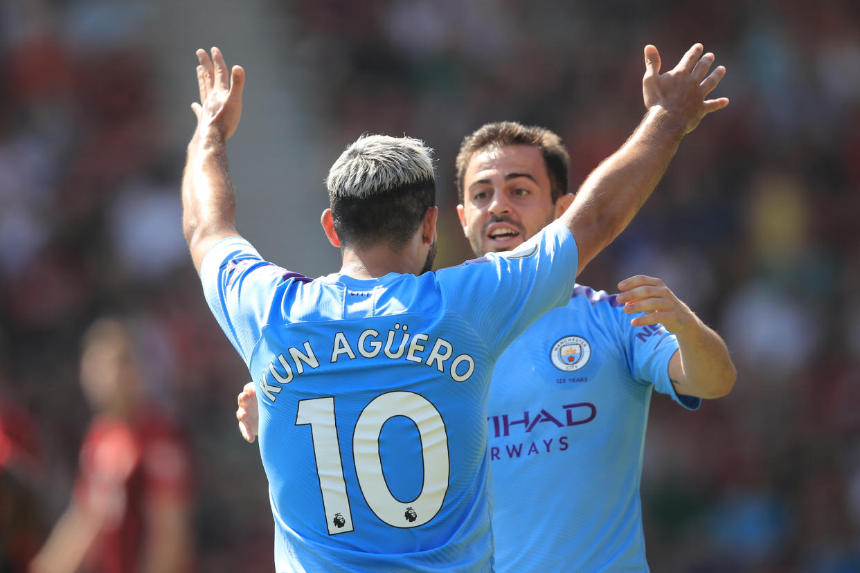 Sergio Aguero celebrates scoring the opening goal. (Credit: Getty Images)