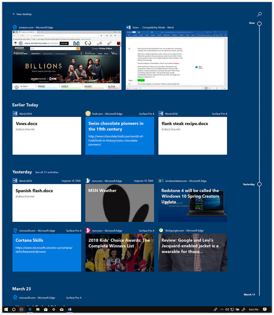 Timeline is a 30-day record of every Microsoft document or webpage you’ve had open.