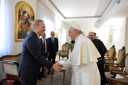 Microsoft President and Chief Legal Officer Brad Smith meets with Pope Francis at Saint Martha's House at the Vatican, February 13, 2019. Vatican Media/Handout via REUTERS
