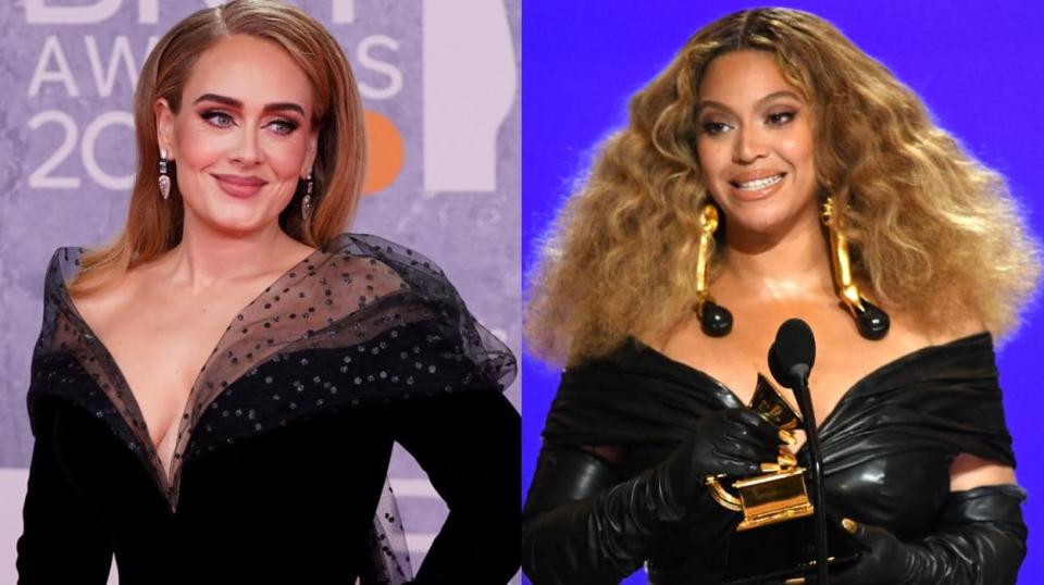 Adele aux Brit Awards, en février 2022 et Beyoncé, aux Grammy Awards, en mars 2021. - Niklas Halle'n - Kevin Winter - AFP - Montage BFMTV.com