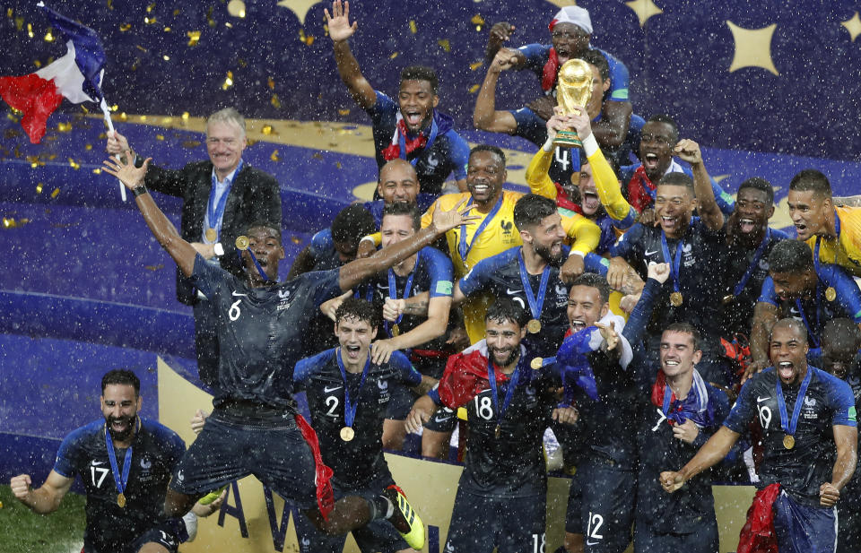 France goalkeeper Hugo Lloris holds the trophy aloft after the final match between France and Croatia at the 2018 soccer World Cup in the Luzhniki Stadium in Moscow, Russia, Sunday, July 15, 2018. France won the final 4-2. (AP Photo/Frank Augstein)