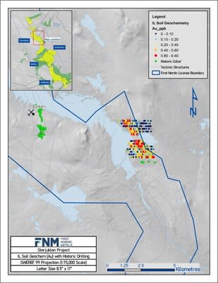 Figure 3: Map of Nippas Target area showing historic ionic leach gold-in-till results (CNW Group/First Nordic Metals Corp.)