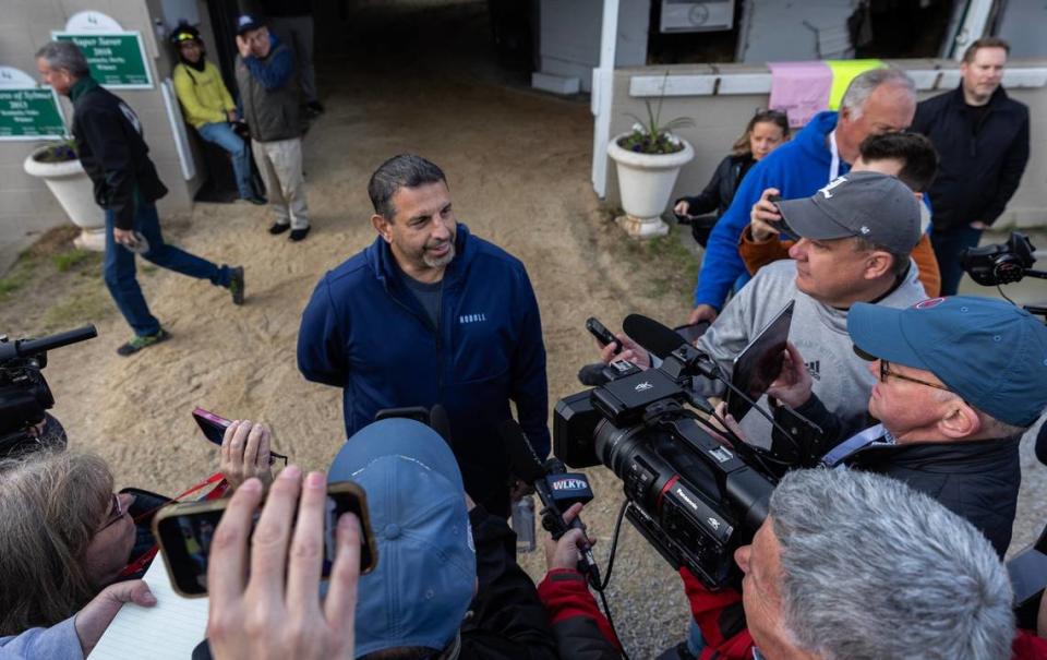 Mike Repole, owner of Kentucky Derby favorite Fierceness, talks with the media on the backside of Churchill Downs.