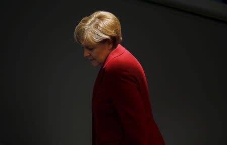 German Chancellor Angela Merkel attends a debate at the Bundestag, the lower house of parliament, in Berlin in this March 19, 2015 file photo. REUTERS/Fabrizio Bensch/Files