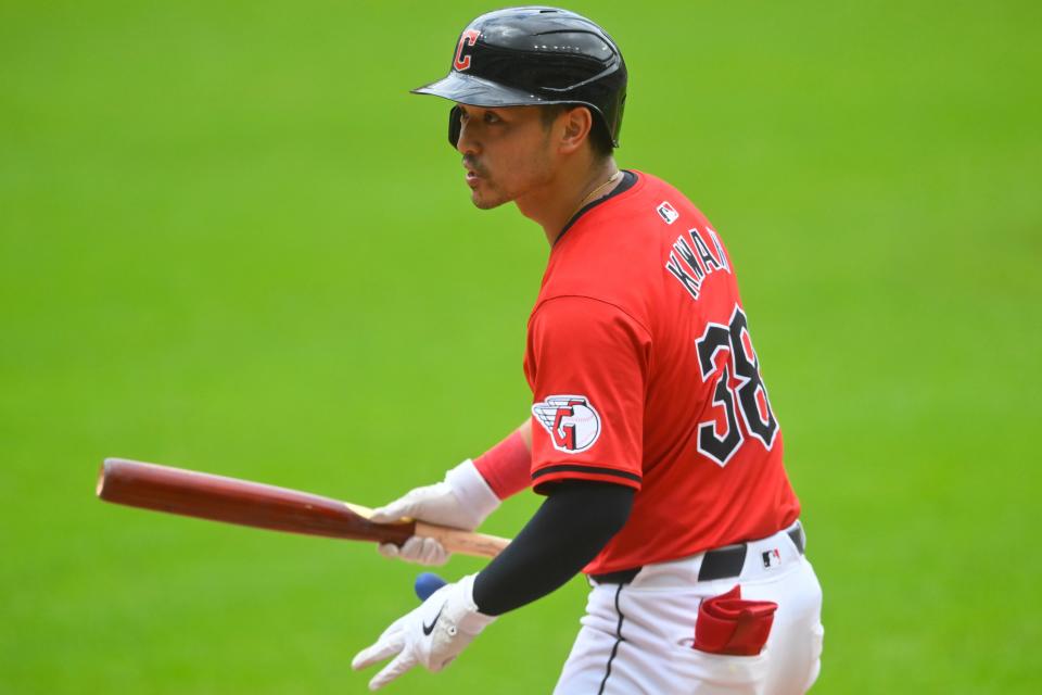 Jun 23, 2024; Cleveland, Ohio, USA; Cleveland Guardians left fielder Steven Kwan (38) stands at home plate in the first inning against the Toronto Blue Jays at Progressive Field. Mandatory Credit: David Richard-USA TODAY Sports