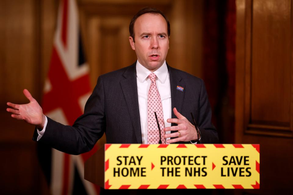 Britain's Health Secretary Matt Hancock attends a virtual press conference inside 10 Downing Street in central London on February 8, 2021, to give an update on the coronavirus covid-19 pandemic. - Undocumented migrants in Britain will still be able to get Covid vaccines without being subject to status checks, the government said on Monday. (Photo by Tolga Akmen / various sources / AFP) (Photo by TOLGA AKMEN/AFP via Getty Images)