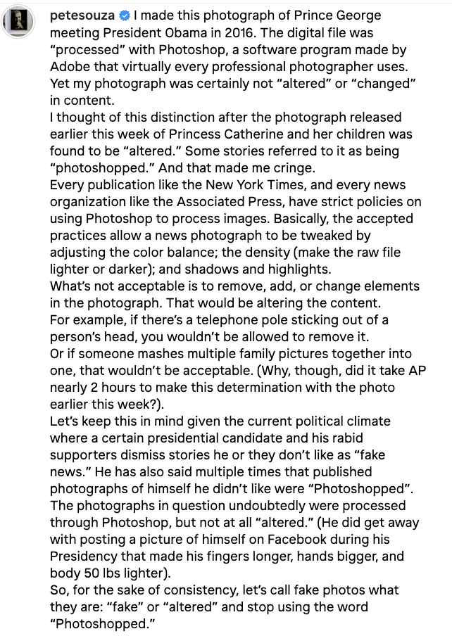Text from a social media post by Pete Souza discussing a digitally altered photograph of Prince George meeting President Obama, explaining the alterations and defending the original photo's authenticity