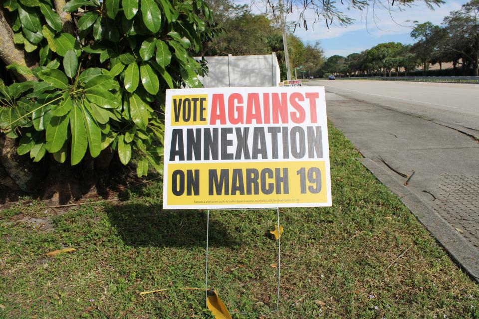 A sign against annexation on Monet Terrace within proposed annexation Area 5, which is completely surrounded by Palm Beach Gardens.