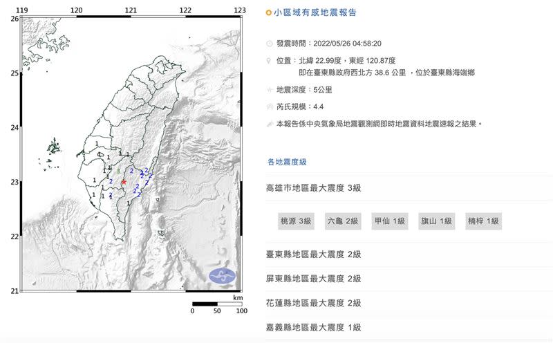 今日上午4時58分發生芮氏規模4.4地震，地震深度5.0公里，屬於極淺層地震。（圖／中央氣象局）