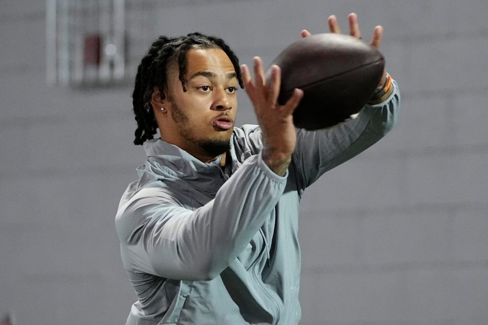 Ohio State Buckeyes wide receiver Jaxon Smith-Njigba  catches a pass during Ohio State football’s pro day at the Woody Hayes Athletic Center in Columbus on March 22, 2023. 