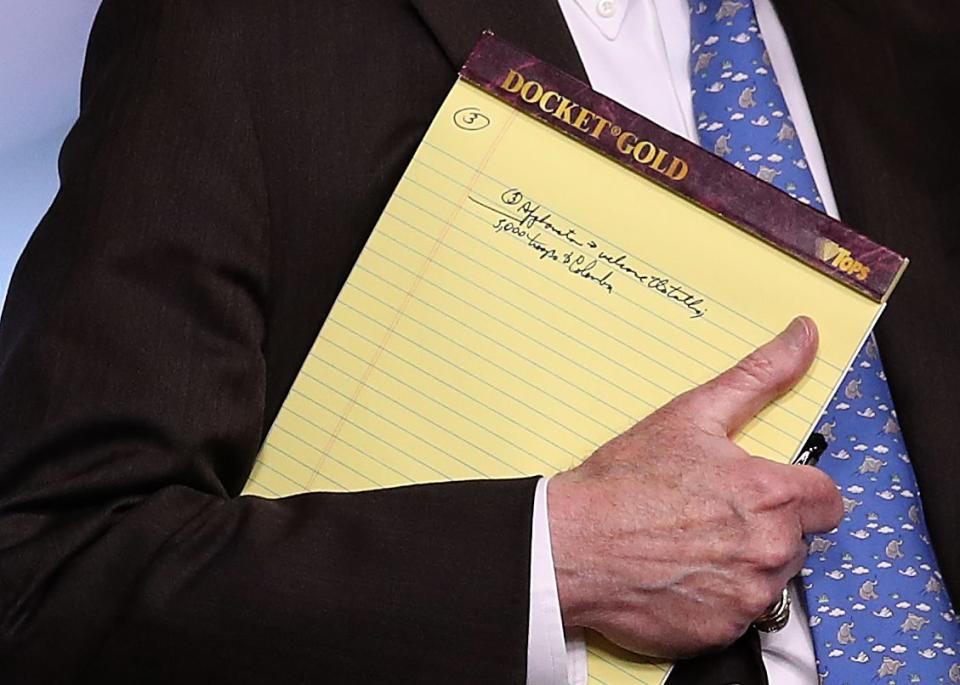 WASHINGTON, DC - JANUARY 28: With handwritten notes on a legal pad, National Security Advisor John Bolton listens to questions from reporters during a press briefing at the White House January 28, 2019 in Washington, DC. During the briefing, economic sanctions against Venezuela's state owned oil company were announced in an effort to force Venezuelan President Maduro to step down.