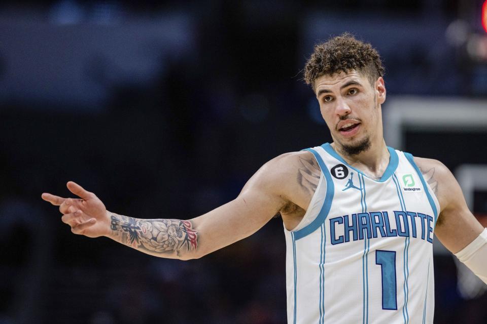 Charlotte Hornets guard LaMelo Ball (1) pleas with officials for a foul call during the first half of an NBA basketball game against the Memphis Grizzlies on Wednesday, Jan. 4, 2023, in Charlotte, N.C. (AP Photo/Scott Kinser)