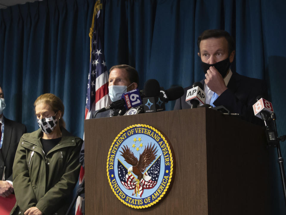 Sen. Chris Murphy, D-Conn, addresses the media at news conference inside the campus of the VA Connecticut Healthcare System West Haven, Friday, Nov. 13, 2020 in West Haven, Conn. Two workers were killed in an explosion on Friday while repairing a steam pipe at a maintenance building on the hospital campus. (AP Photo/Robert Bumsted)