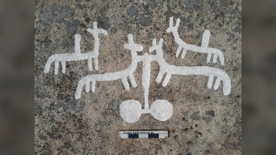 Animal figures are depicted in these petroglyphs. There are four drawings that look a bit like very minimalist horses perhaps.