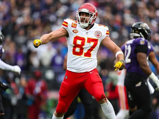 <p>Perry Knotts/Getty </p> Travis Kelce, #87 of the Chiefs