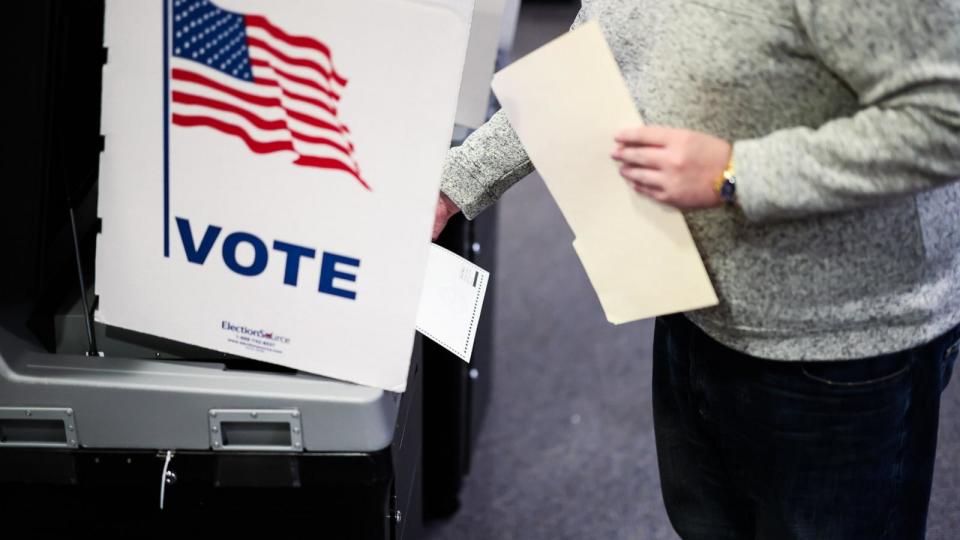 PHOTO: A voter casts a ballot at a polling location in Fairfax, Va., Nov. 7, 2023.  (Tierney L. Cross/Bloomberg via Getty Images)