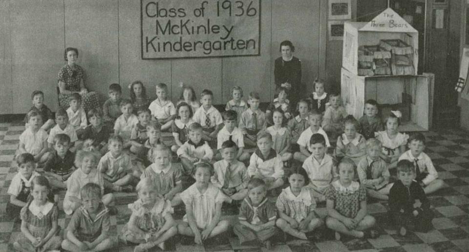 A classroom of 5-year-old kindergarten in 1936 at McKinley School. Teachers are Clarissa Stull and Ethel Pech.