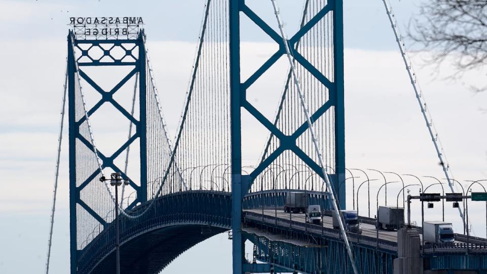 Traffic flows across the Ambassador Bridge in Detroit on Monday, Feb. 14, 2022, after protesters blocked the main border crossing in Windsor, Ontario, for nearly a week. 