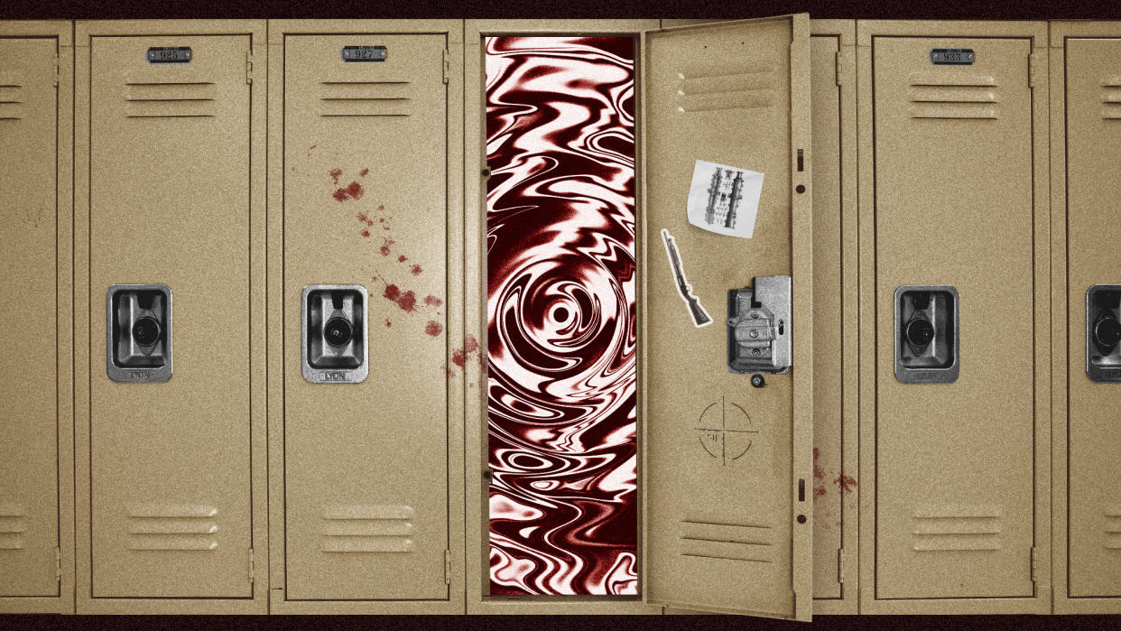  Photo collage of a row of high school lockers. One is open, revealing a psychedelic swirling pattern that draws the eye in. . 