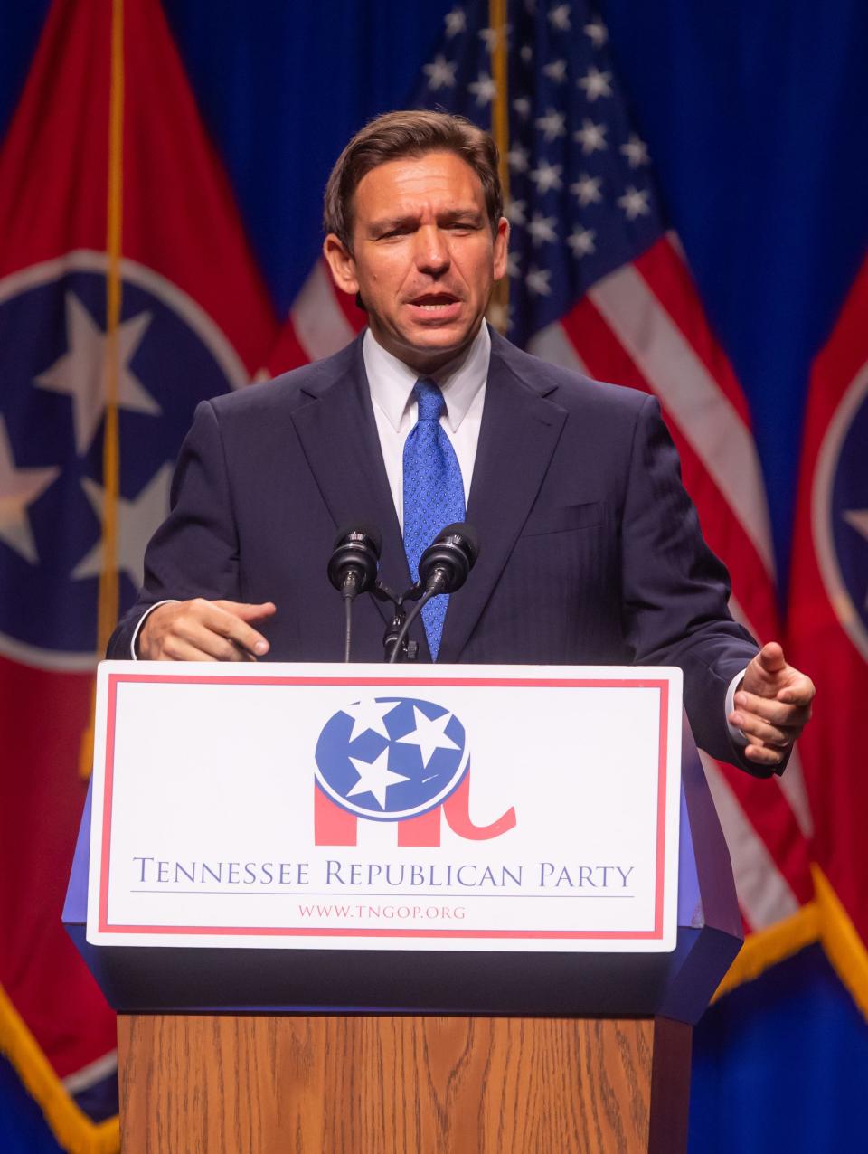 Florida Gov. Ron DeSantis speaks at the Tennessee Republican Party’s Statesmen's Dinner on Saturday, July 15, 2023 at Music City Center.