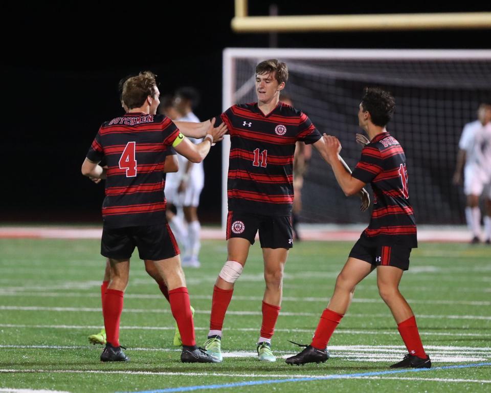 Tappan Zee's Jack Kryger (11) celebrates after scoring the game winning goal during their 2-1 win over Eastchester in boys soccer action at Tappan Zee High School in Orangeburg on Tuesday, September 20, 2022.