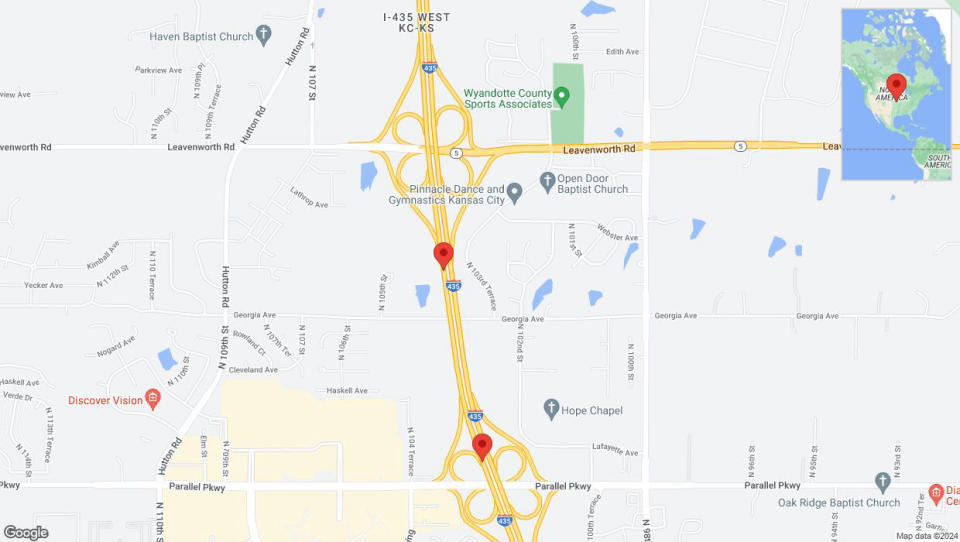 A detailed map that shows the affected road due to 'I-435 temporarily closed in Kansas City until Apr. 2' on June 13th at 1:04 p.m.