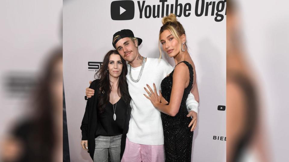 PHOTO: Pattie Mallette, left, Justin Bieber, center, and Hailey Rhode Bieber attend YouTube Originals 'Justin Bieber: Seasons' premiere at Regency Bruin Theater, Jan. 27, 2020, in Westwood, Calif. (Kevin Mazur/Getty Images for YouTube Originals)