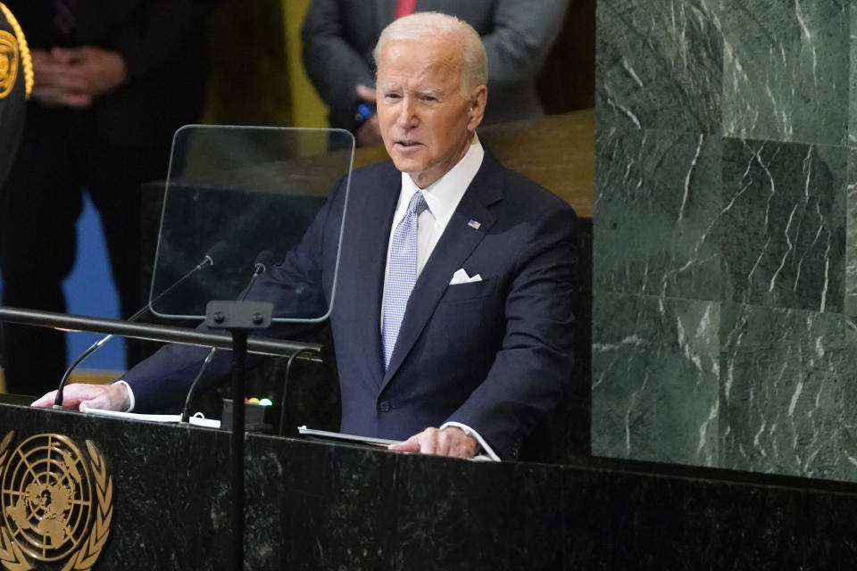 FILE - President Joe Biden addresses the 77th session of the United Nations General Assembly on Wednesday, Sept. 21, 2022, at the U.N. headquarters. On Friday, Sept. 23, The Associated Press reported on stories circulating online incorrectly claiming Biden announced that he is adding the U.S. as a signatory to the United Nations “Small Arms Treaty,” which would “establish an international gun control registry” in which other countries can “track the ‘end user’ of every rifle, shotgun, and handgun sold in the world.” (AP Photo/Evan Vucci, File)