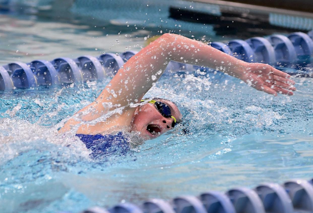 Bartlesville High School's Lily Tablot participates in a swim meet at the Phillips 66 Aquatic Center in Bartlesville on Jan. 23, 2024.