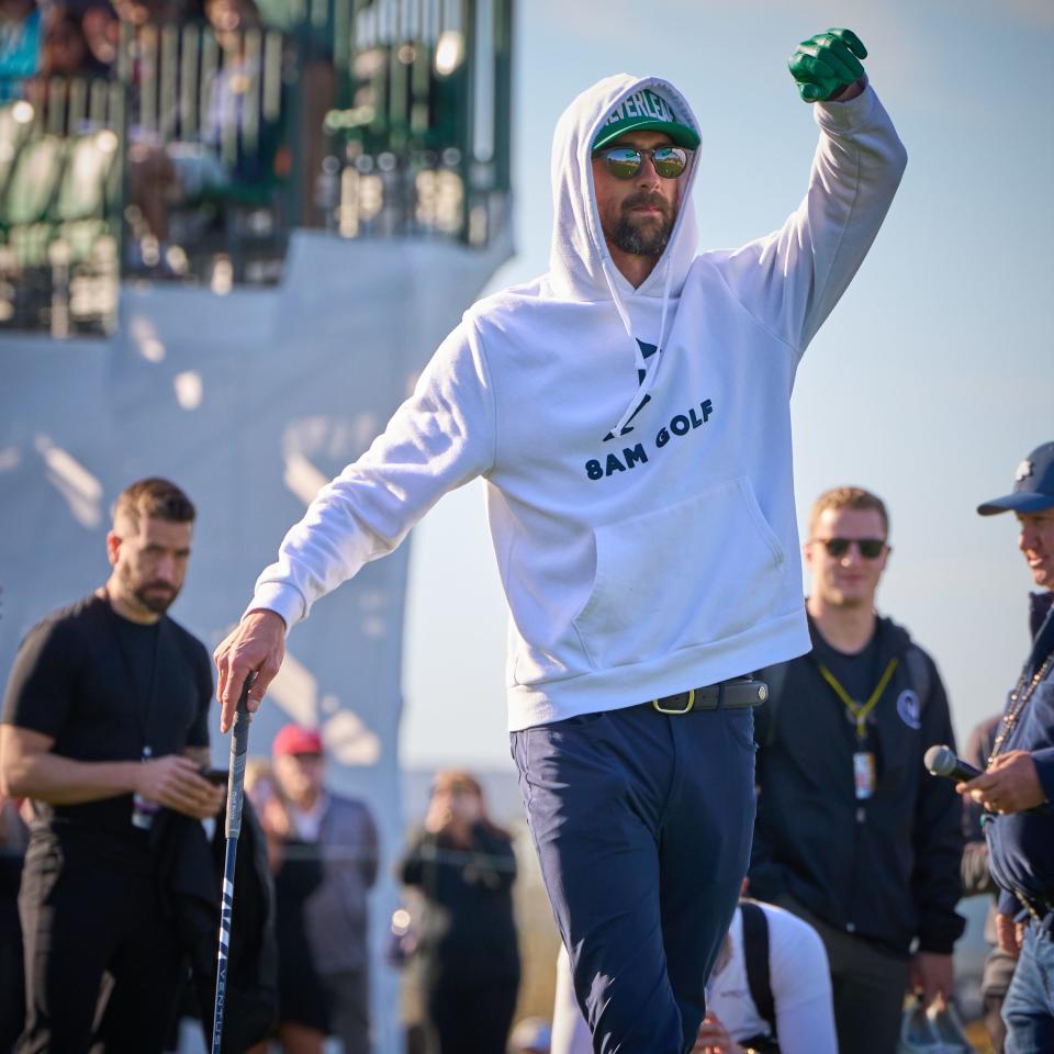 Feb 8, 2023; Scottsdale, AZ, USA; Michael Phelps prepares to tee off on the first hole during the 2023 Annexus Pro-Am at TPC Scottsdale on Feb. 8, 2023. Mandatory Credit: Alex Gould/The Republic