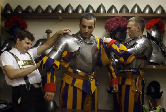 New Vatican Swiss Guards prepare for their swearing-in ceremony at the Vatican May 6, 2008.