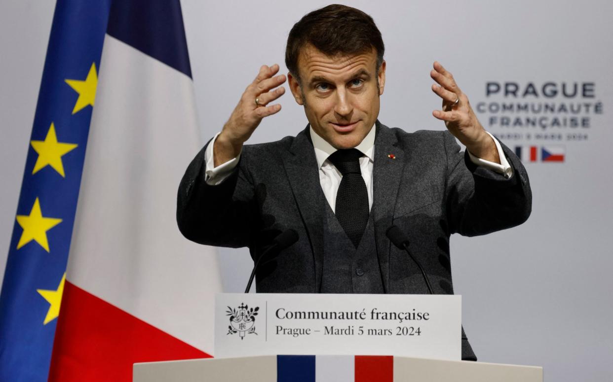 Emmanuel Macron addresses French community living in the Czech Republic at the Lycee Francais school in Prague