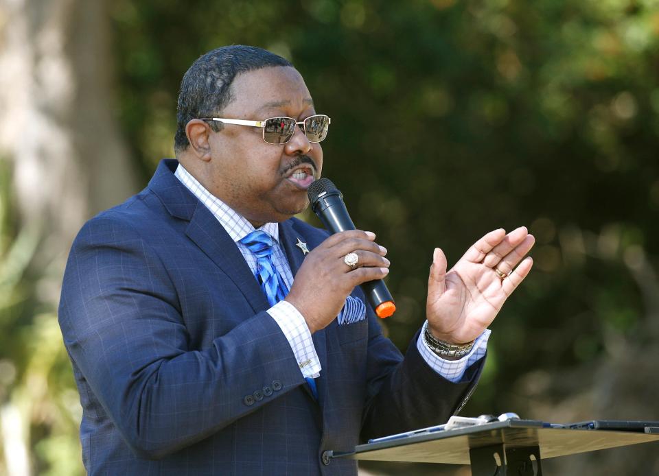 The Rev. L. Ronald Durham speaks during a Building Bridges Rather than Barriers Martin Luther King Day march in Port Orange, Monday, Jan. 18, 2021.