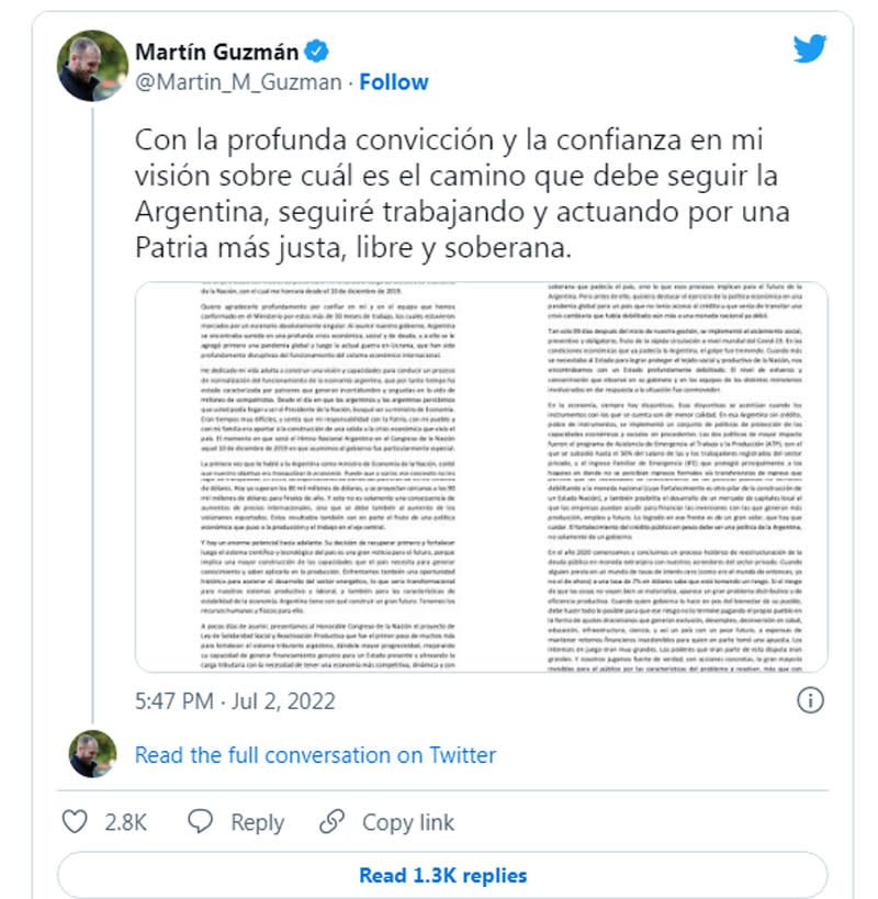 El tuit y la carta con los que Guzmán hizo pública su salida del Gobierno.