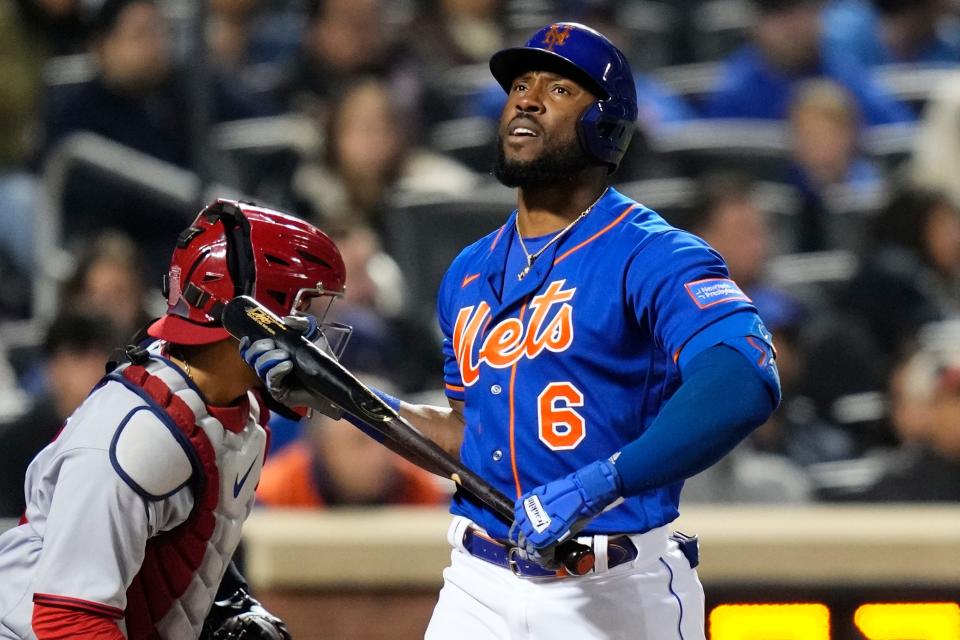 New York Mets' Starling Marte (6) reacts after striking out during the seventh inning of the team's baseball game against the Washington Nationals Wednesday, April 26, 2023, in New York.