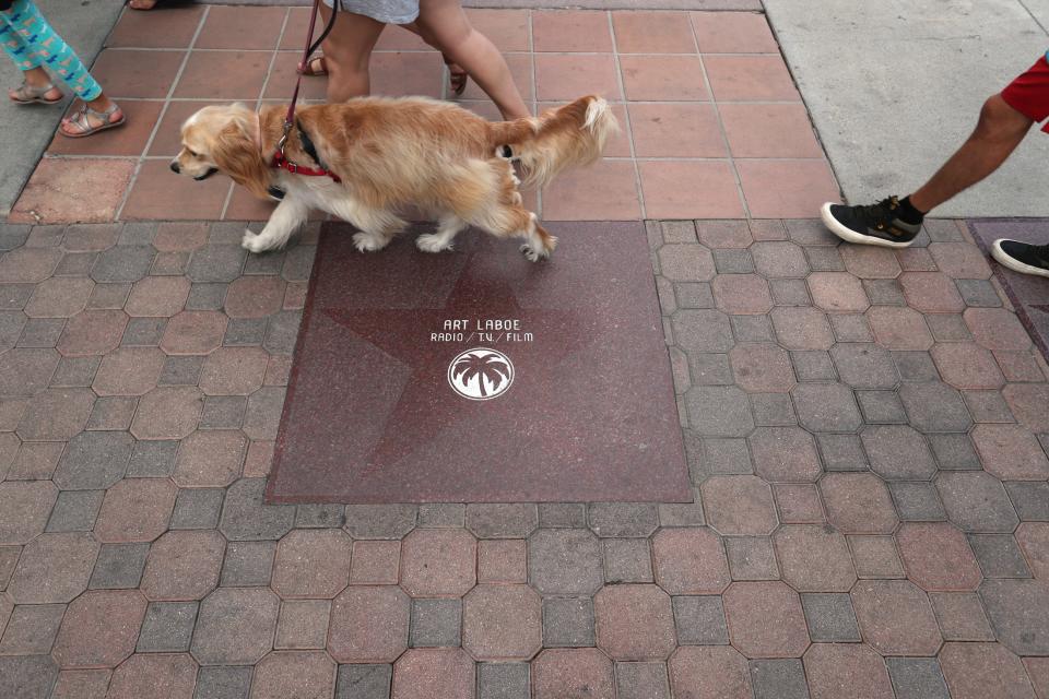 Pedestrians pass by the Palm Springs Walk of Stars plaque for famed disc jockey Art Laboe in Palm Springs on Monday, Oct. 10, 2022.