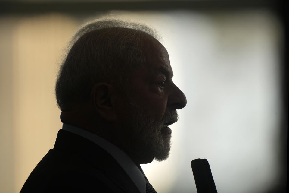 Brazil's President Luiz Inacio Lula da Silva makes his speech during a ceremony to commemorate Amazon Day, in Brasilia, Brazil, Tuesday, Sept. 5, 2023. (AP Photo/Eraldo Peres)