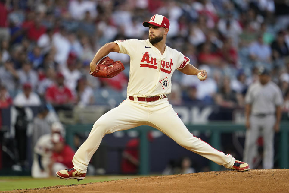 Los Angeles Angels starting pitcher Patrick Sandoval (43) throws during the second inning of a baseball game against the New York Yankees in Anaheim, Calif., Wednesday, Aug. 31, 2022. (AP Photo/Ashley Landis)