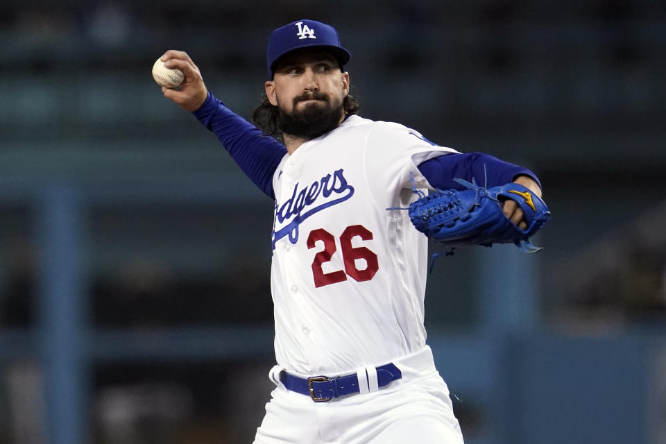 Los Angeles Dodgers starting pitcher Tony Gonsolin throws to an Arizona Diamondbacks batter during the first inning of a baseball game Tuesday, Sept. 14, 2021, in Los Angeles. (AP Photo/Marcio Jose Sanchez)