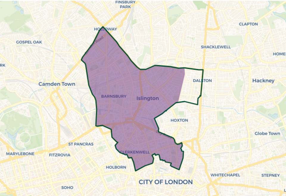 Islington South and Finsbury; Purple shaded area shows the old constituency, while the green line marks the new boundary (© OPENSTREETMAP CONTRIBUTORS | © CARTO)