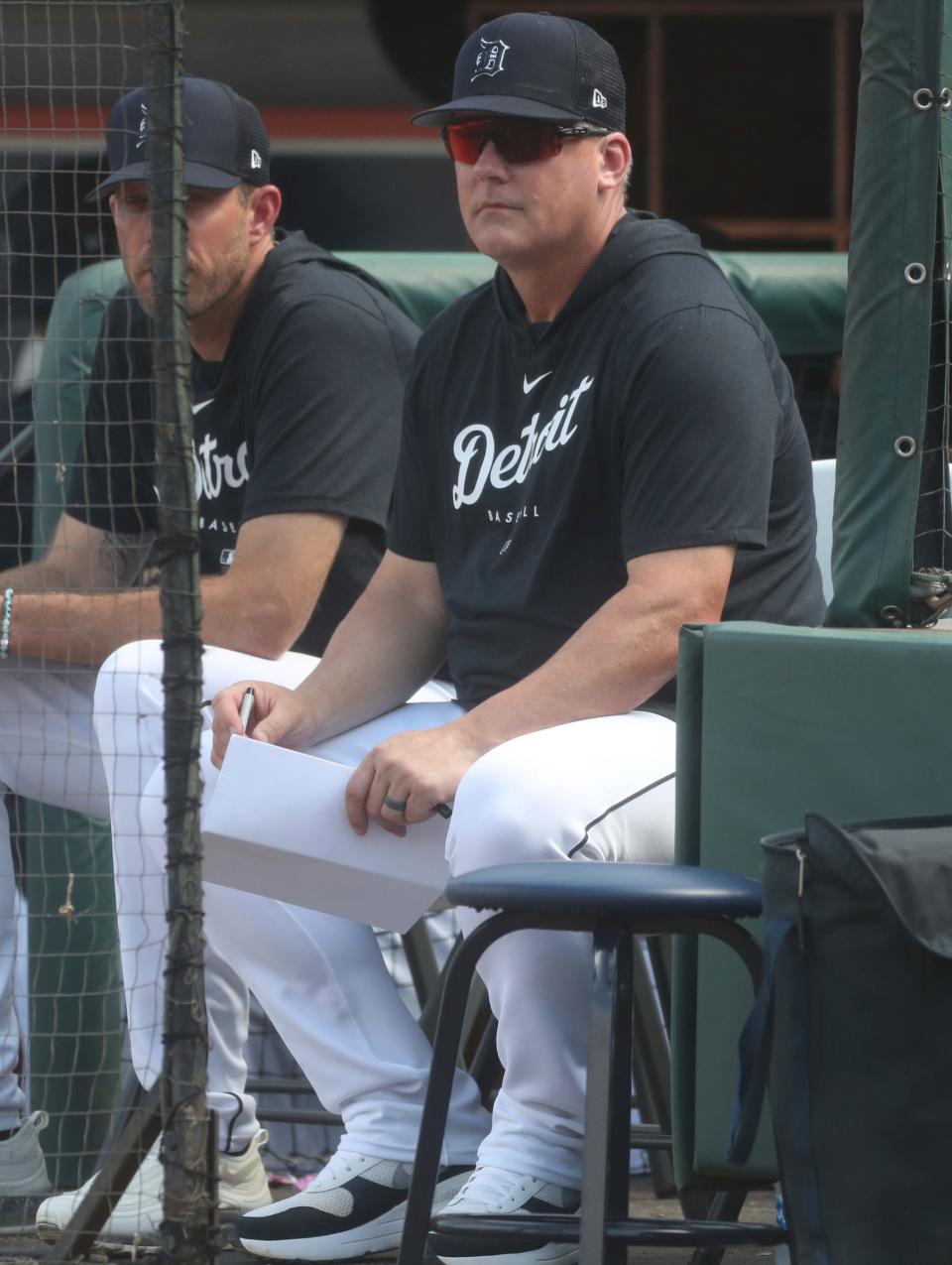 Detroit Tigers manager A.J. Hinch watches Grapefruit League action the against the Philadelphia Phillies at Publix Field at Joker Marchant Stadium in Lakeland, Florida, on Saturday, Feb. 25, 2023.