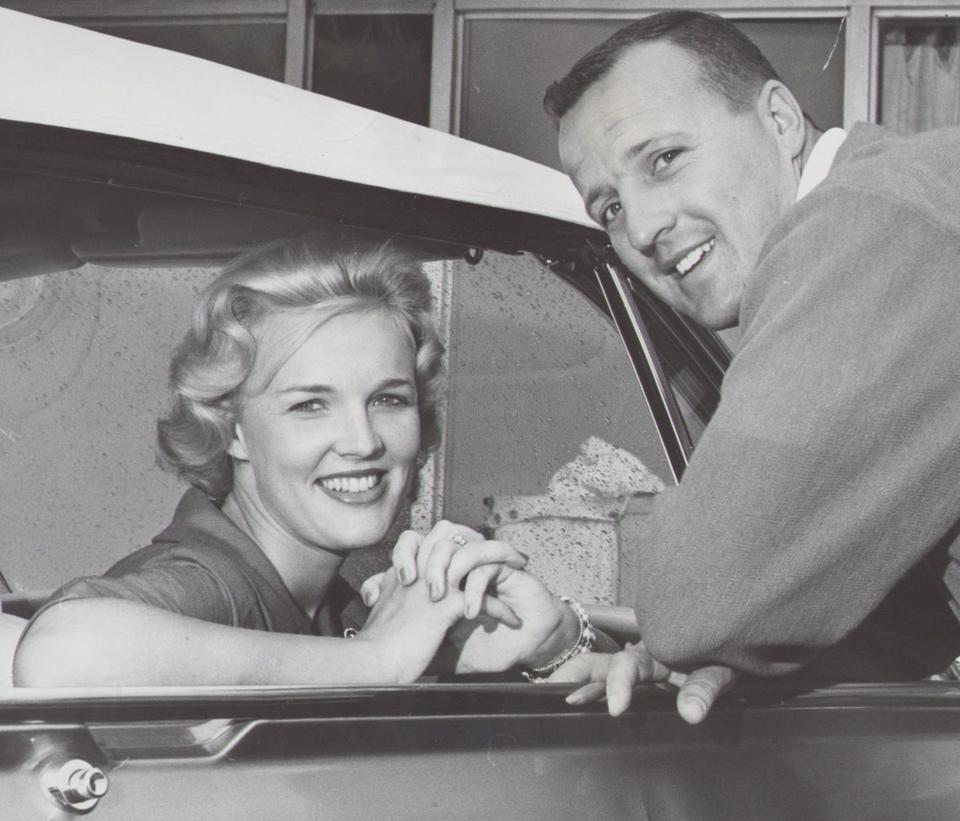 Lucy and A.J. Foyt in their new golden Thunderbird the morning after his 1961 Indianapolis 500 victory.  Bob Doeppers/Indianapolis News