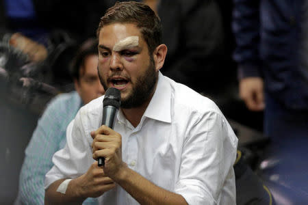 Juan Requesens, deputy of the Venezuelan coalition of opposition parties (MUD), speaks during a session of the National Assembly in Caracas, Venezuela April 5, 2017. REUTERS/Marco Bello